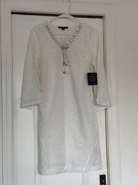 Boston Proper White Eyelet Dress with Beaded V-Neck